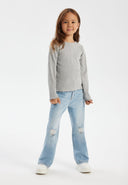 Girls light blue denim flare jeans, front view, featuring a relaxed fit and distressed details.