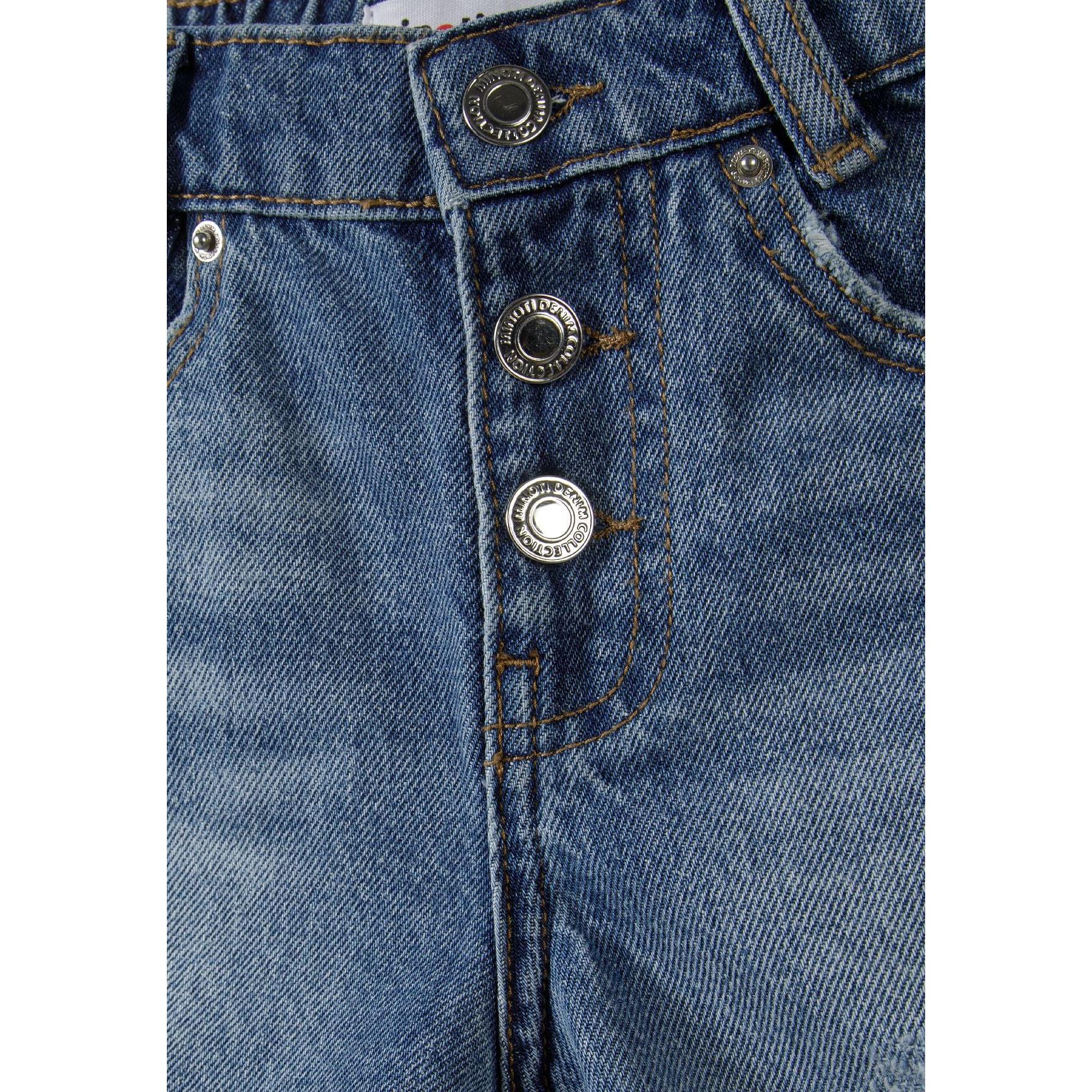 Close-up detail of navy denim shorts showing button-fly closure with three branded metal snap fasteners and classic stitching