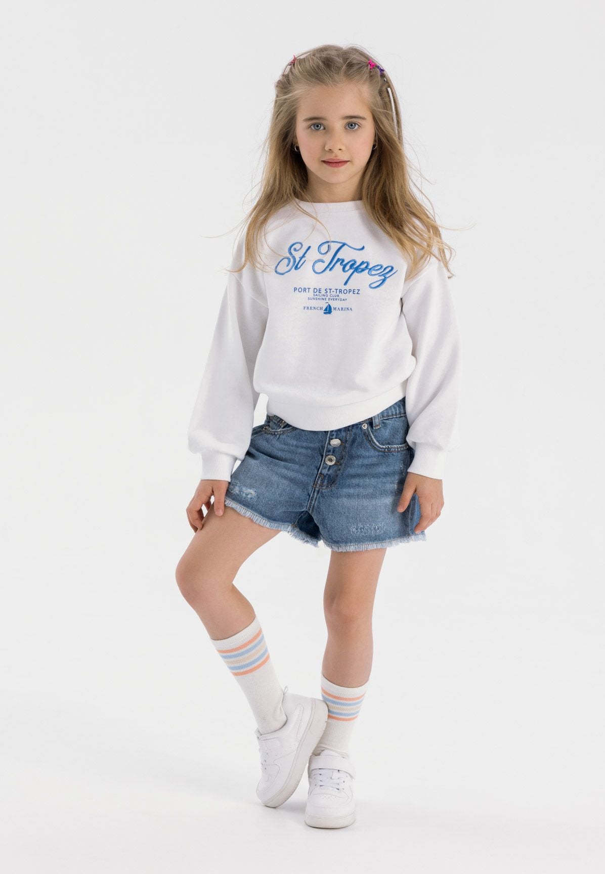 Blue denim shorts, worn front.