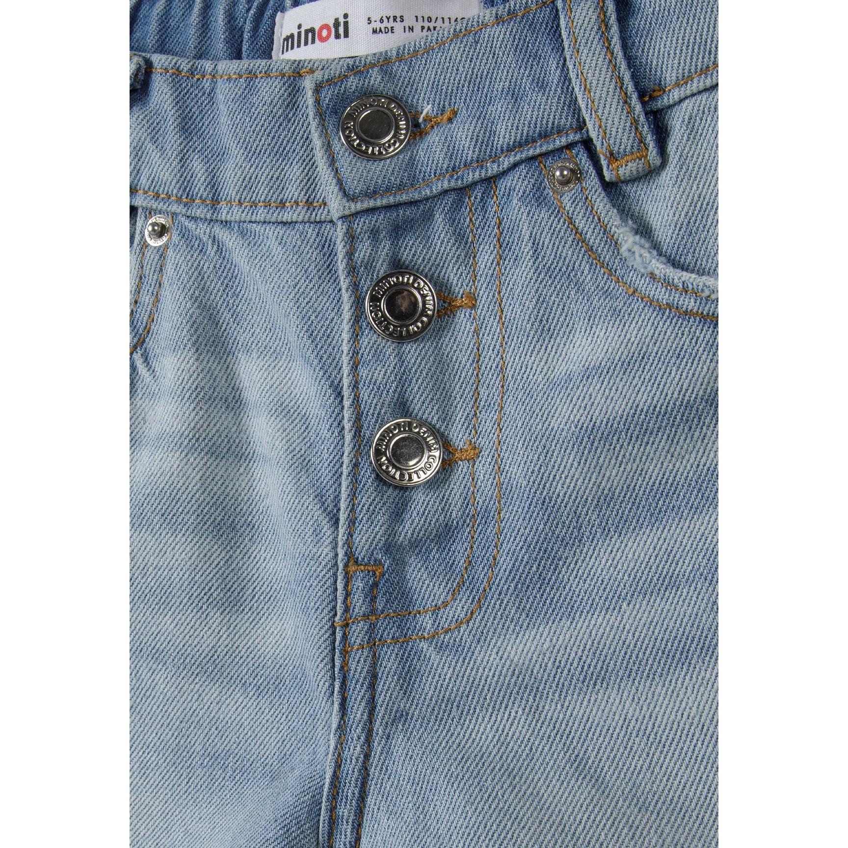 Close-up detail of light blue denim shorts showing button fly closure with metal snap buttons and Minoti brand label