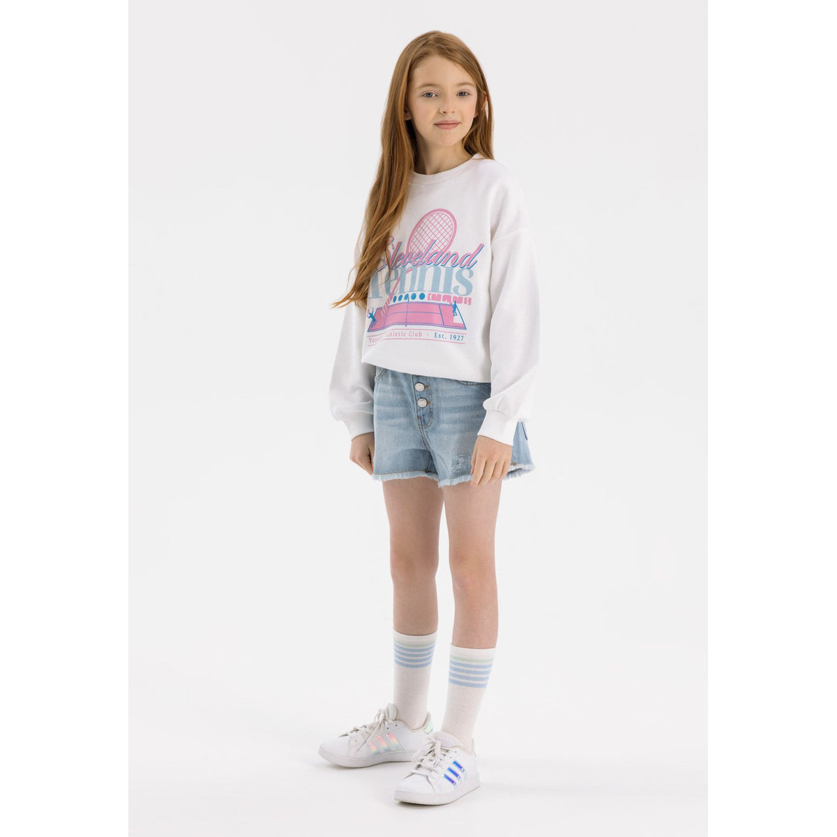 Girls' denim shorts in light blue — complete product view for square Shop card