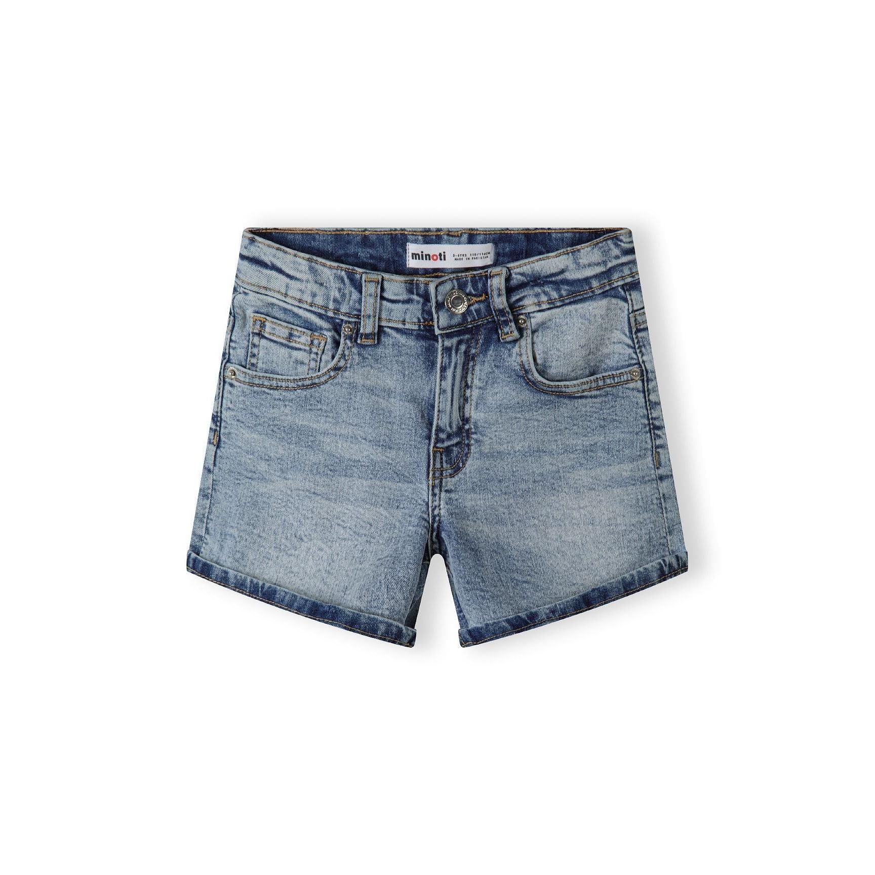Light blue high-waisted denim shorts with rolled cuffs shown from front view against white background, displaying classic five-pocket styling and button closure