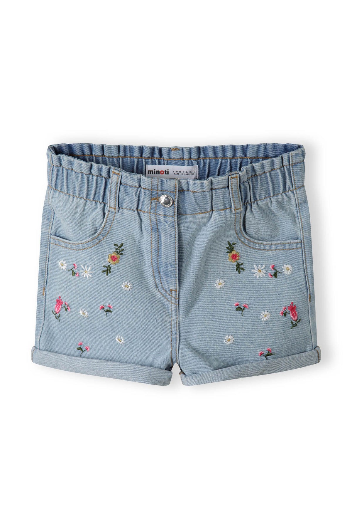 Light blue denim shorts, front.