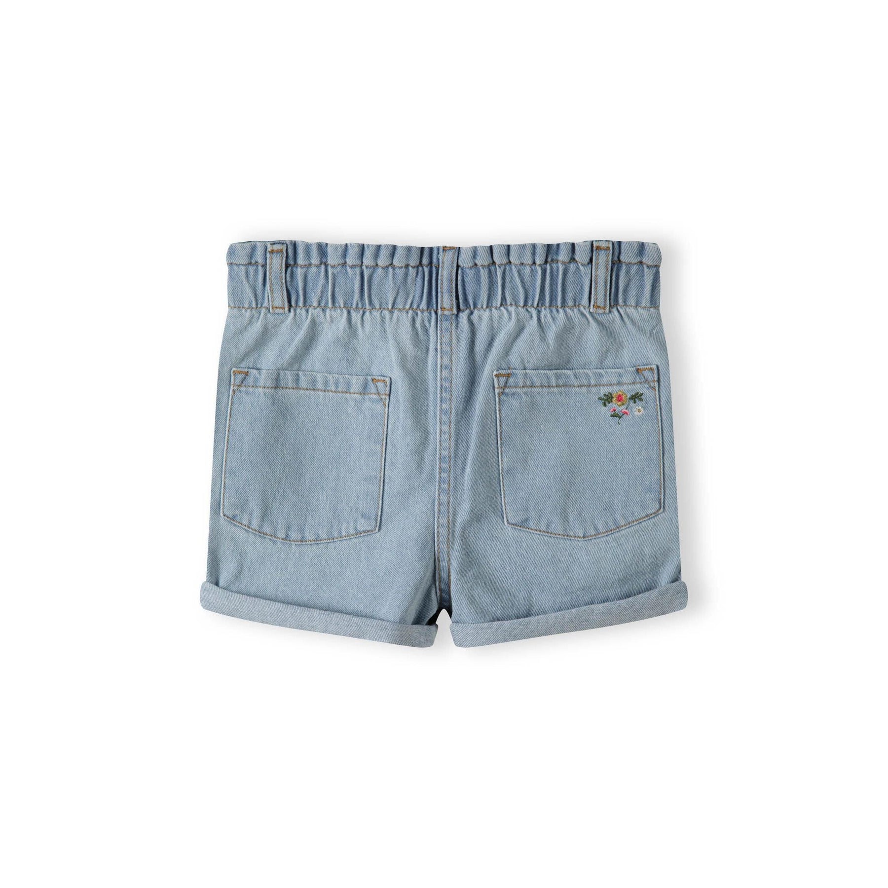 Back view of light blue denim shorts showing two patch pockets and small embroidered detail on white background