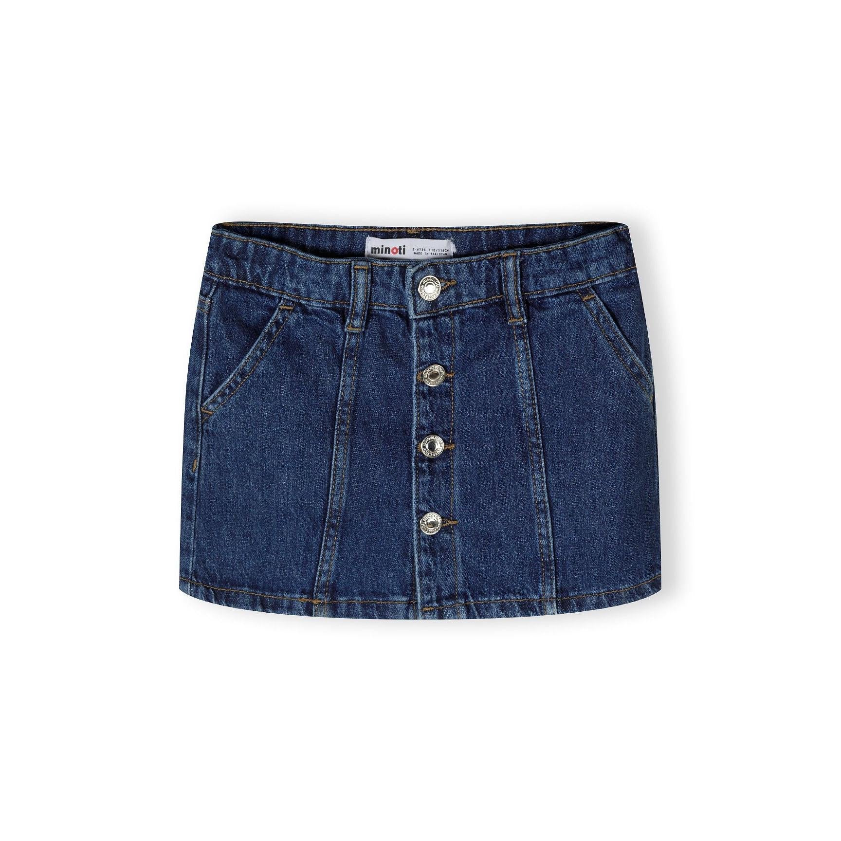 Navy denim skirt with button front closure displayed flat on white background showing Minoti label