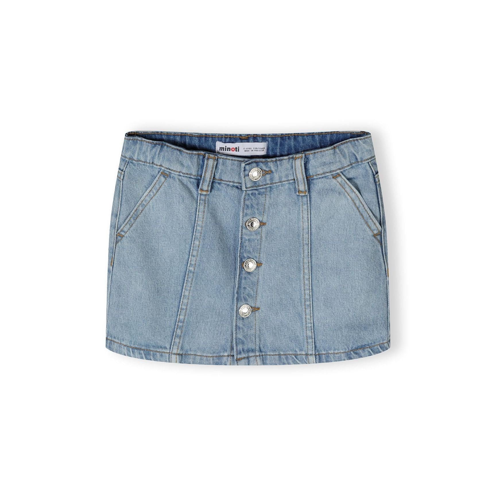 Back view of light blue denim skirt showing two patch pockets, contrast stitching and classic five-pocket styling on white background