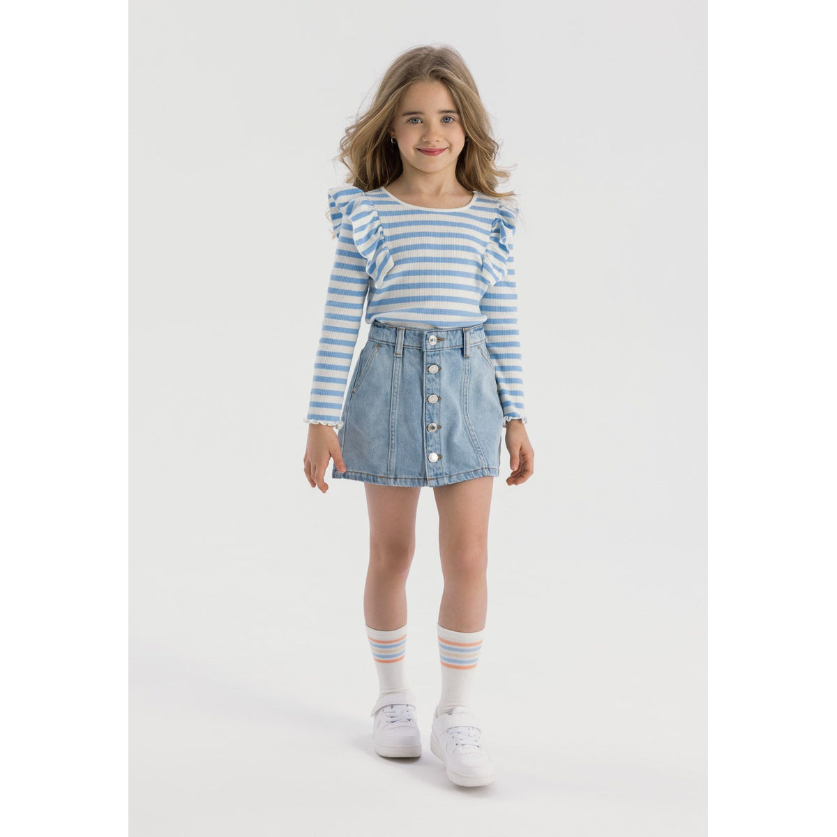 Girls' denim skirt in light blue — complete product view for square Shop card
