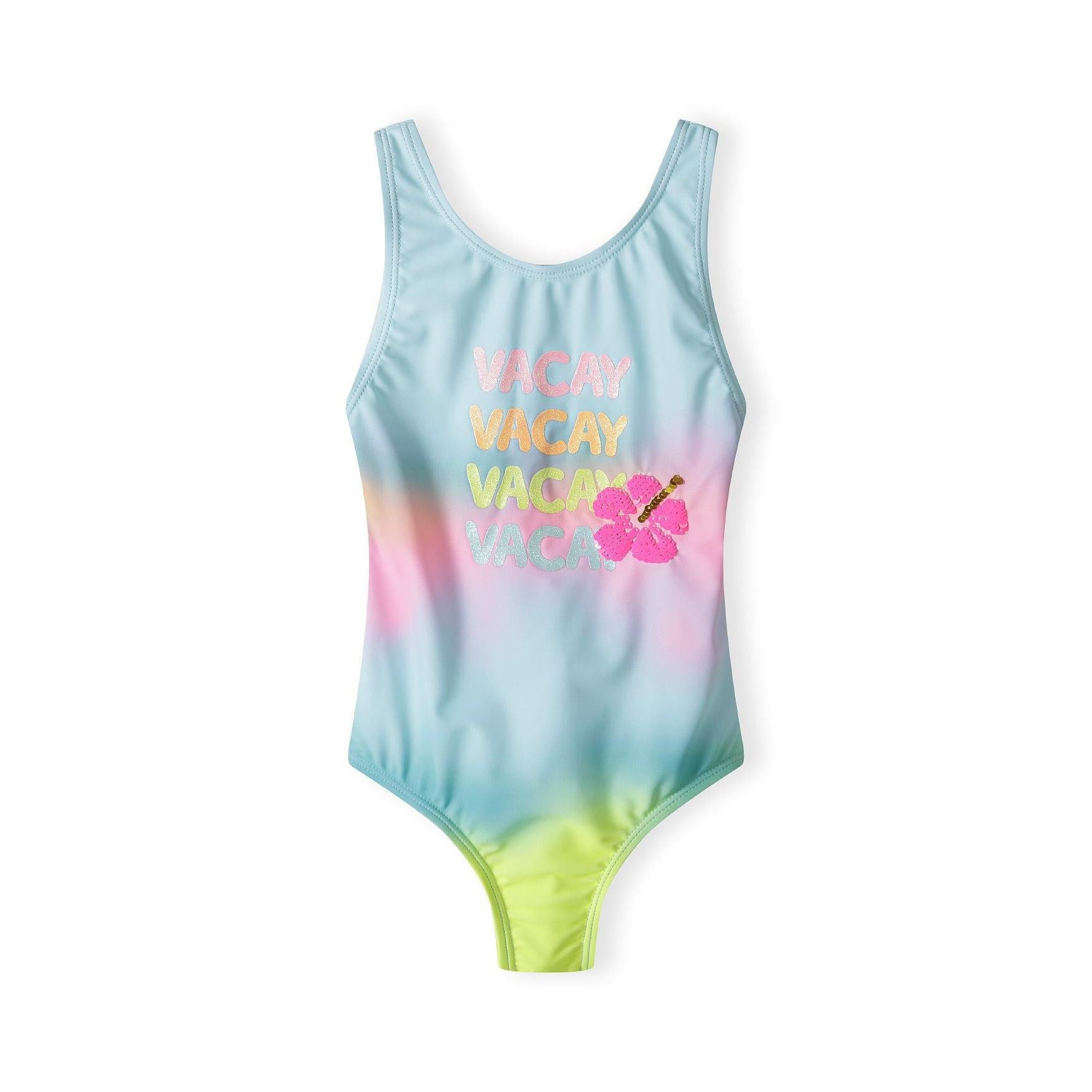 Front view of tie-dye swimsuit in mint green to yellow gradient with multicoloured VACAY text and pink hibiscus flower print on white background