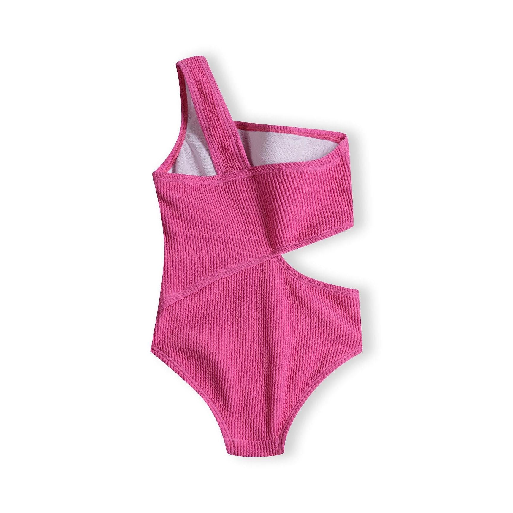 Pink ribbed one-piece swimsuit showing back view with asymmetric cutout details and straps on white background