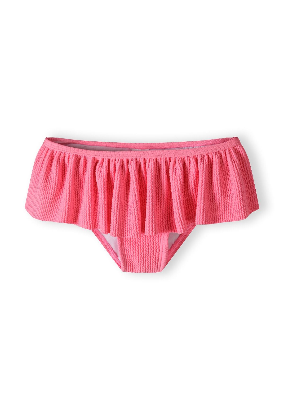 Pink asymmetric frill bikini, briefs front.