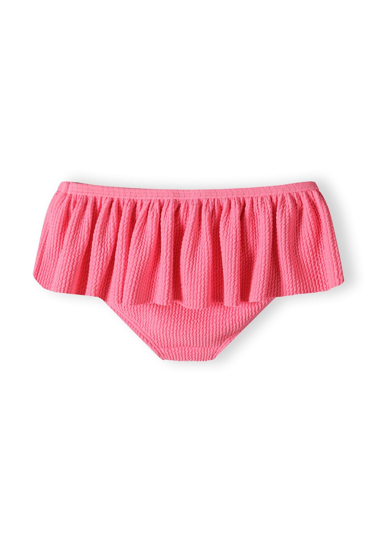 Pink asymmetric frill bikini, briefs back.