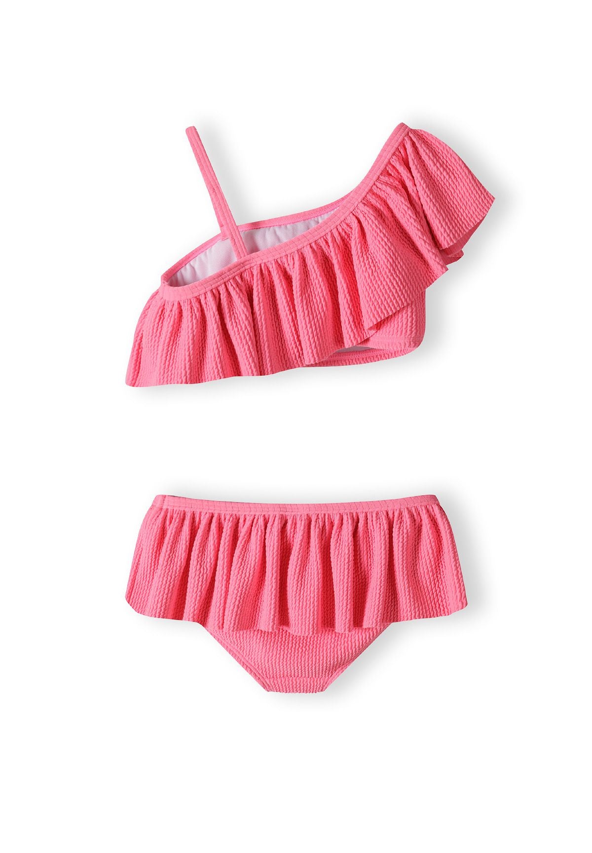 Pink asymmetric frill bikini, set back.