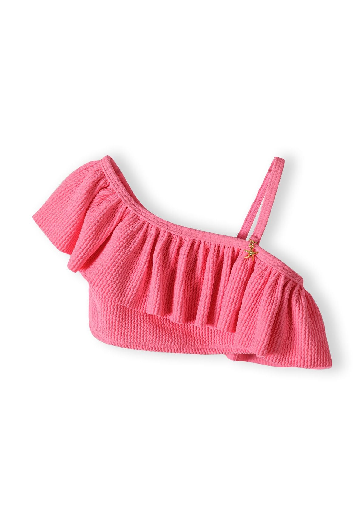 Pink asymmetric frill bikini, top front.