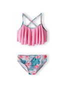 Girls bikini quick-dry two-piece light pink 2-14y, featuring frilled pink top and floral bottom, perfect for swimming and beach fun.