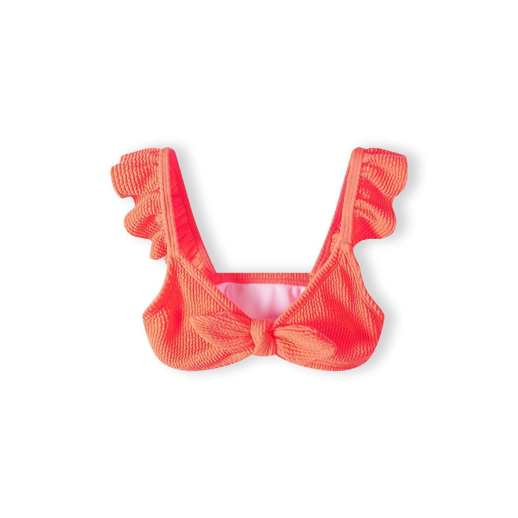 Orange bikini bottom with textured quick-dry fabric in classic brief cut displayed flat on white background