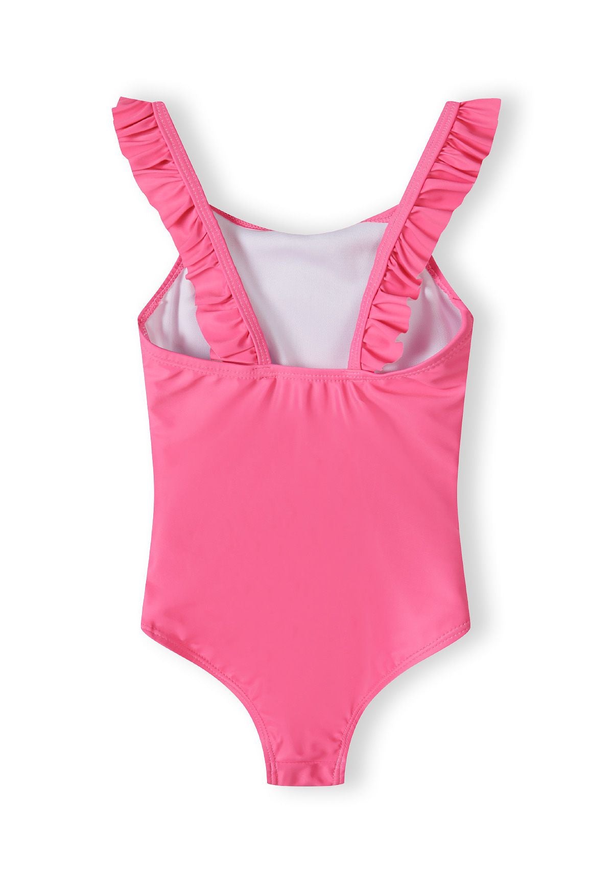 Back view of a pink one-piece swimsuit for girls with ruffled shoulder straps.