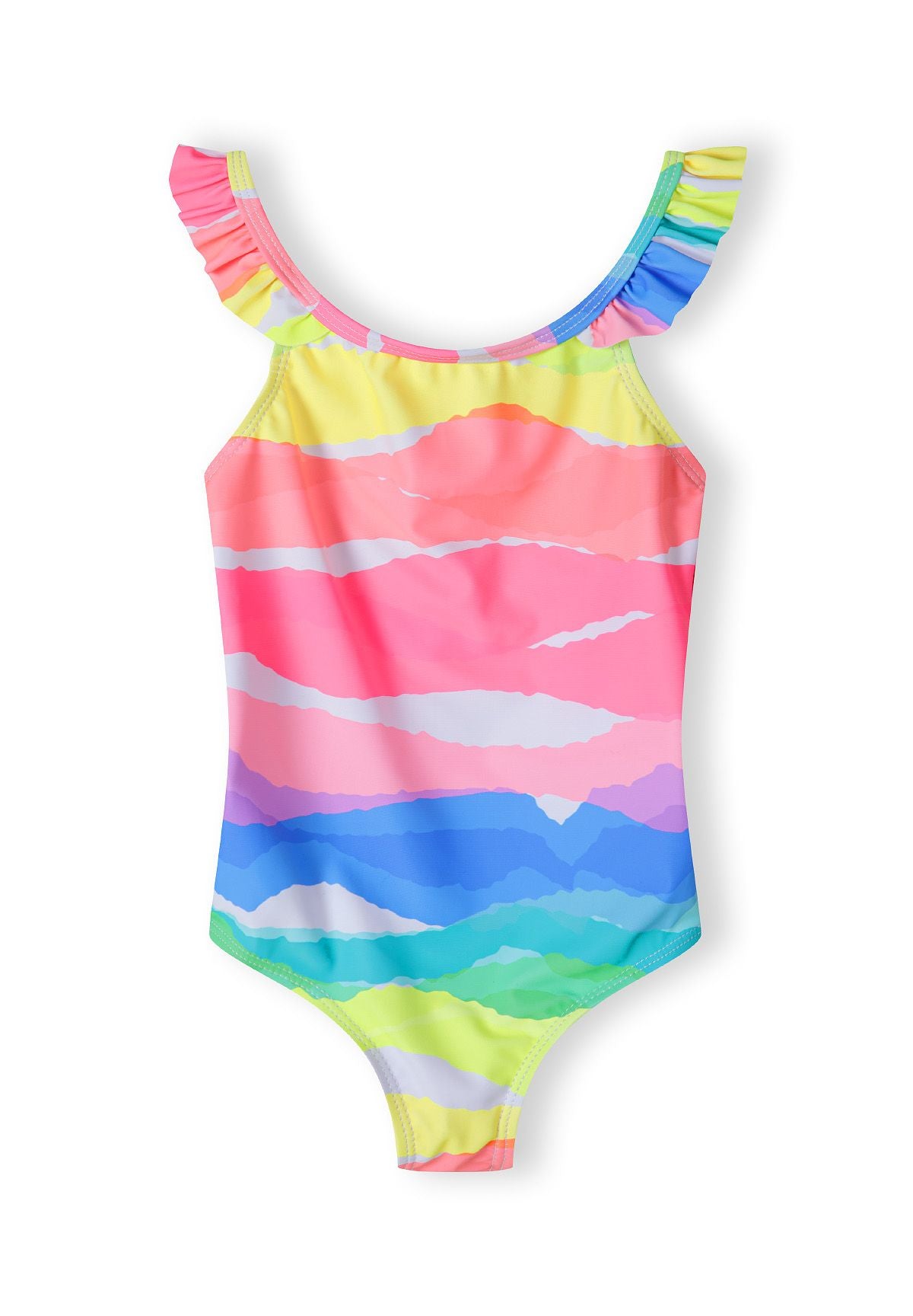 Detail of a pink one-piece swimsuit for girls with ruffled straps and a colorful wave pattern.