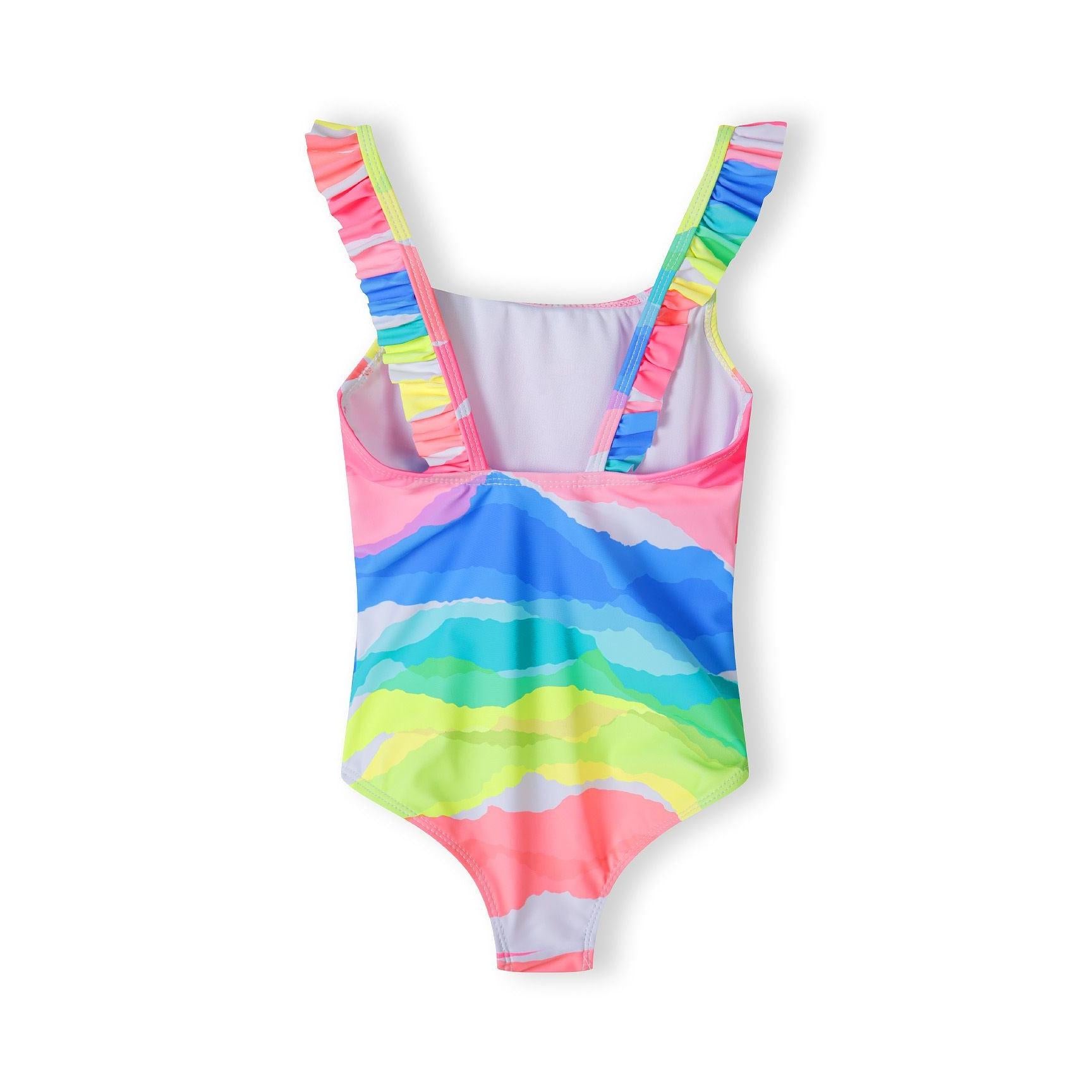 Close-up detail of pink swimsuit showing 'Bonjour Summer' text in white script and colorful metallic foil letters