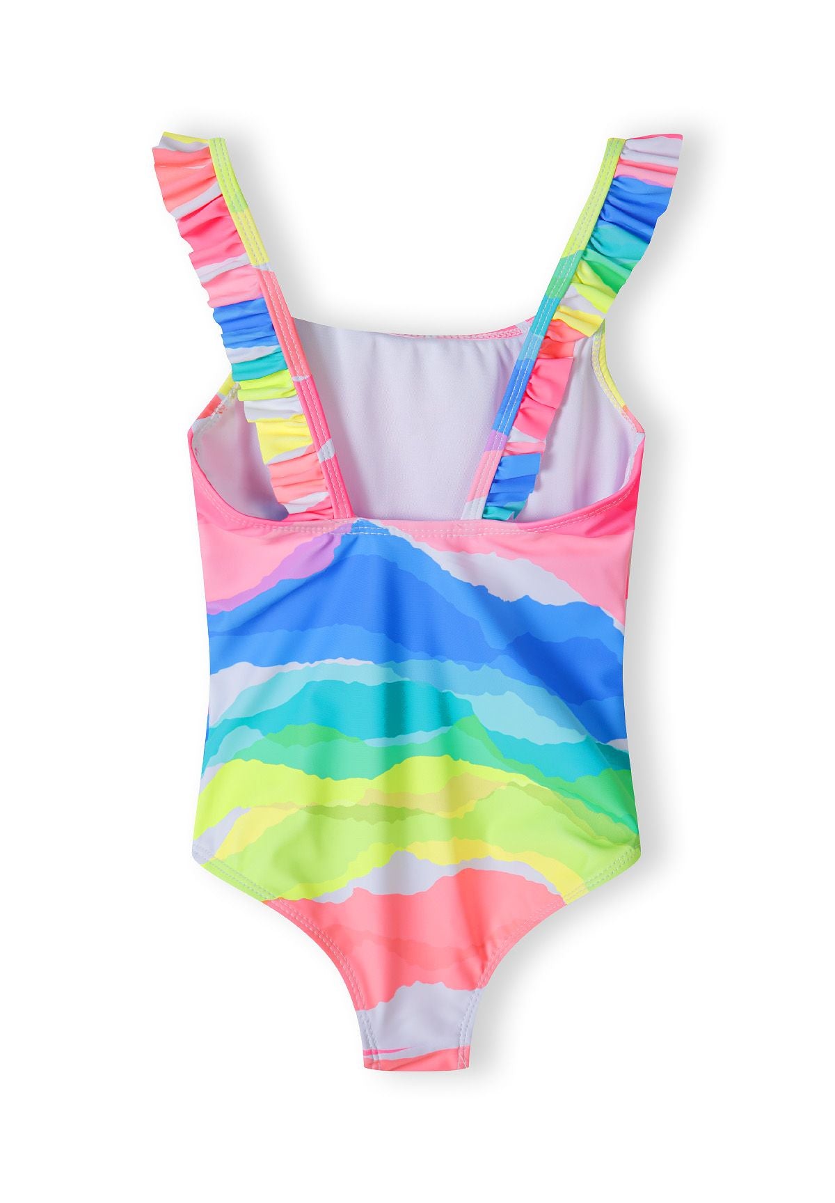 Girls one-piece swimsuit in pink with colorful wave pattern, back view, featuring ruffled shoulder straps.