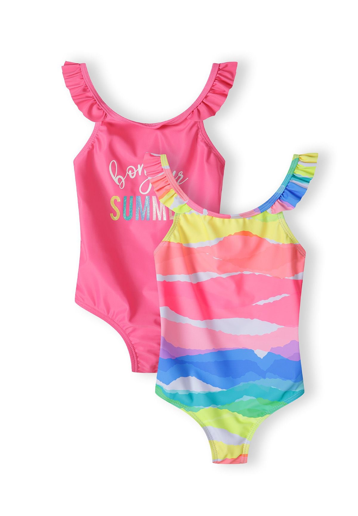 Set of two girls' one-piece swimsuits, one pink with ruffles and text, one colorful striped.