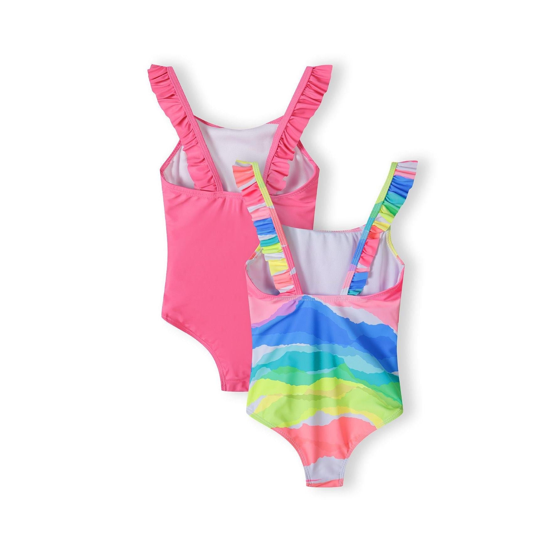 Back view of bright pink swimsuit showing ruffle shoulder straps and secure fit design on white background