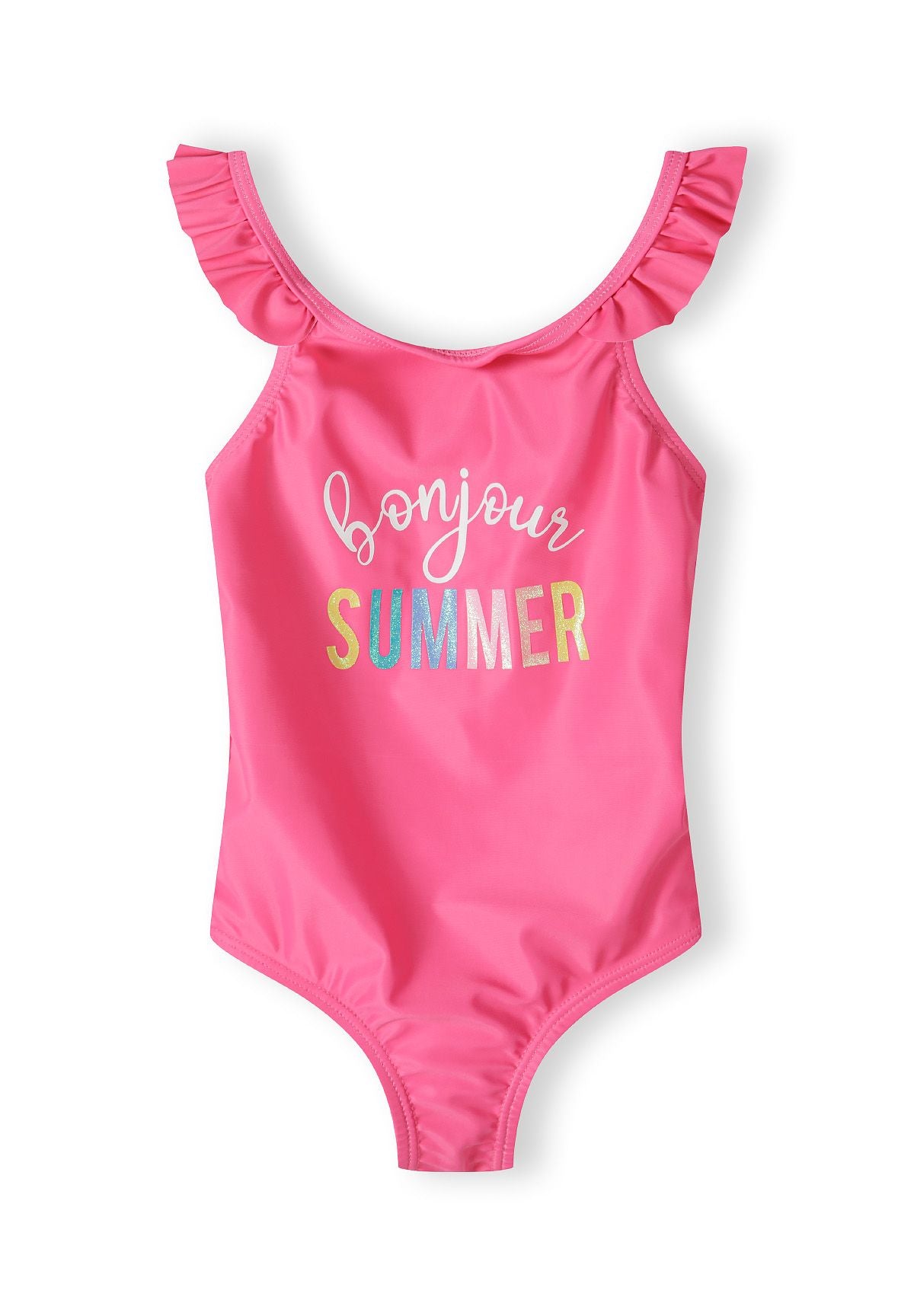 Girls one-piece swimsuit in pink with ruffled straps and 'bonjour SUMMER' print, front view.