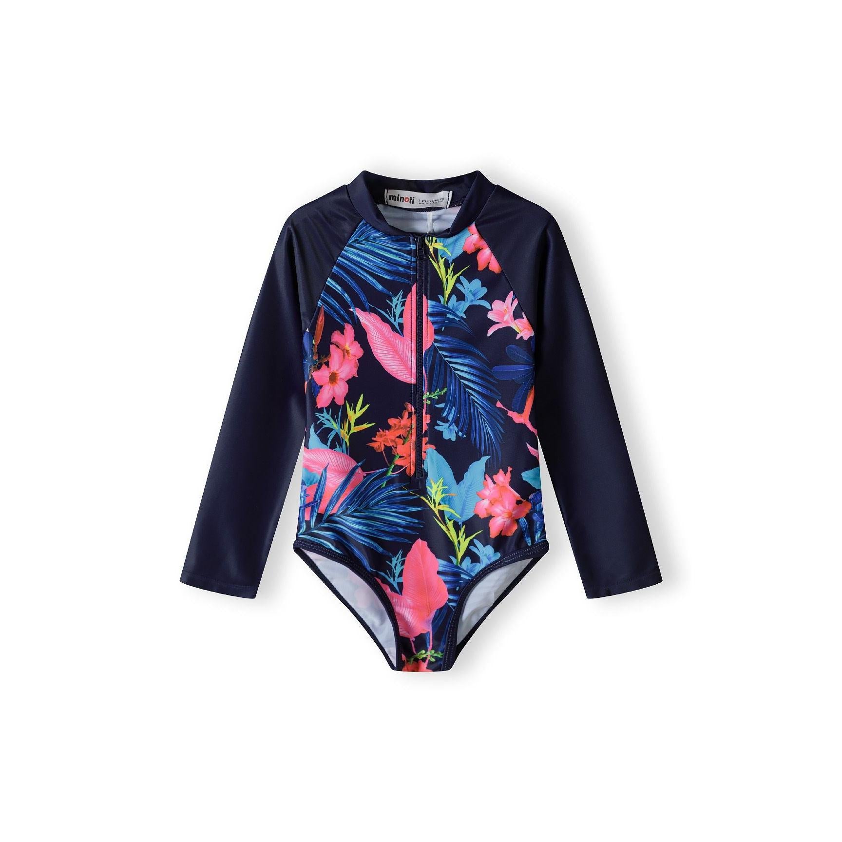 Navy long sleeve rash bodysuit with tropical floral print featuring pink flowers and blue palm leaves, shown flat against white background with front zip closure visible