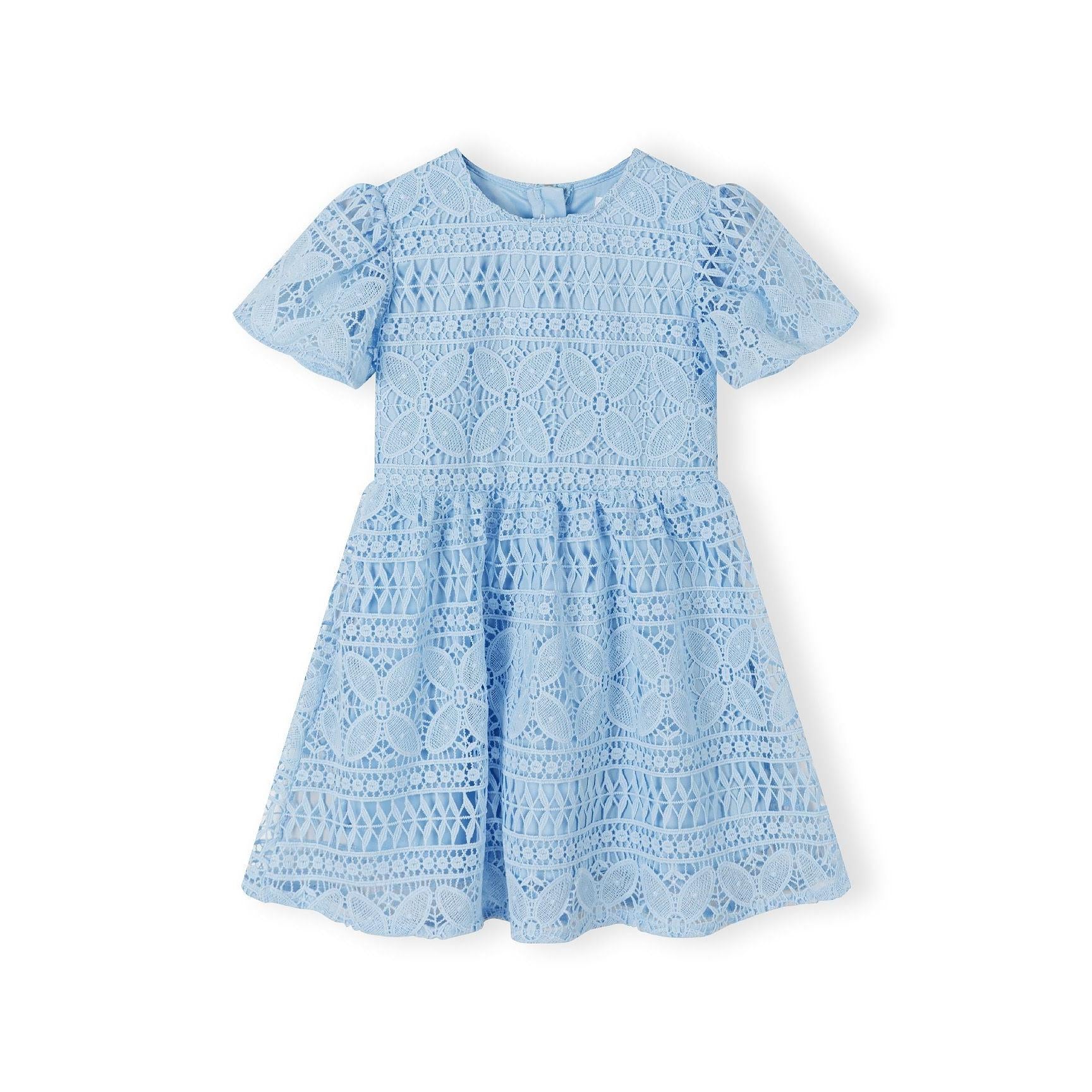 Light blue lace dress with intricate geometric patterns, featuring short flared sleeves and full circle skirt, displayed flat on white background
