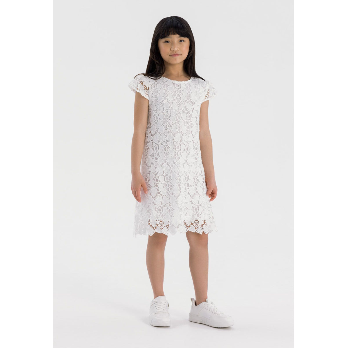 Girls' lace shift dress in white — complete product view for square Shop card