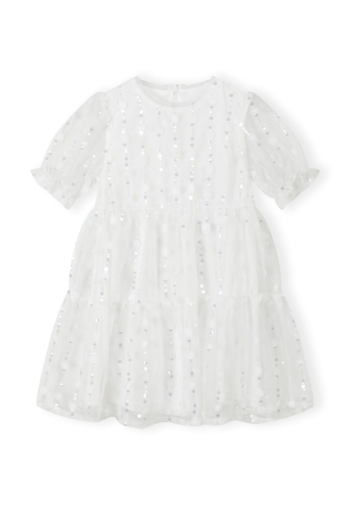 White sequin mesh tiered dress, front.
