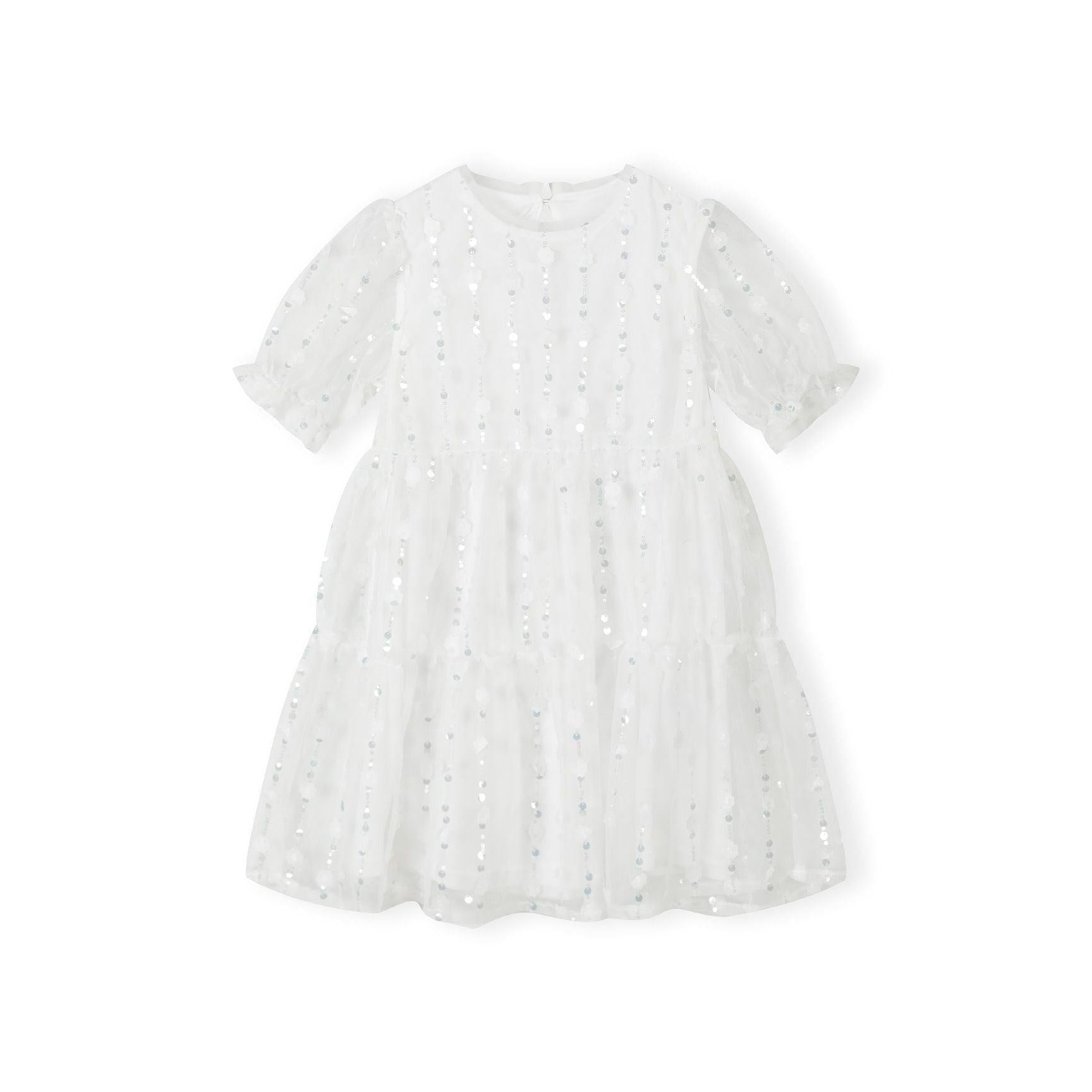 Back view of white tulle dress with sequin flowers showing button closure at neck, short sleeves and tiered skirt design
