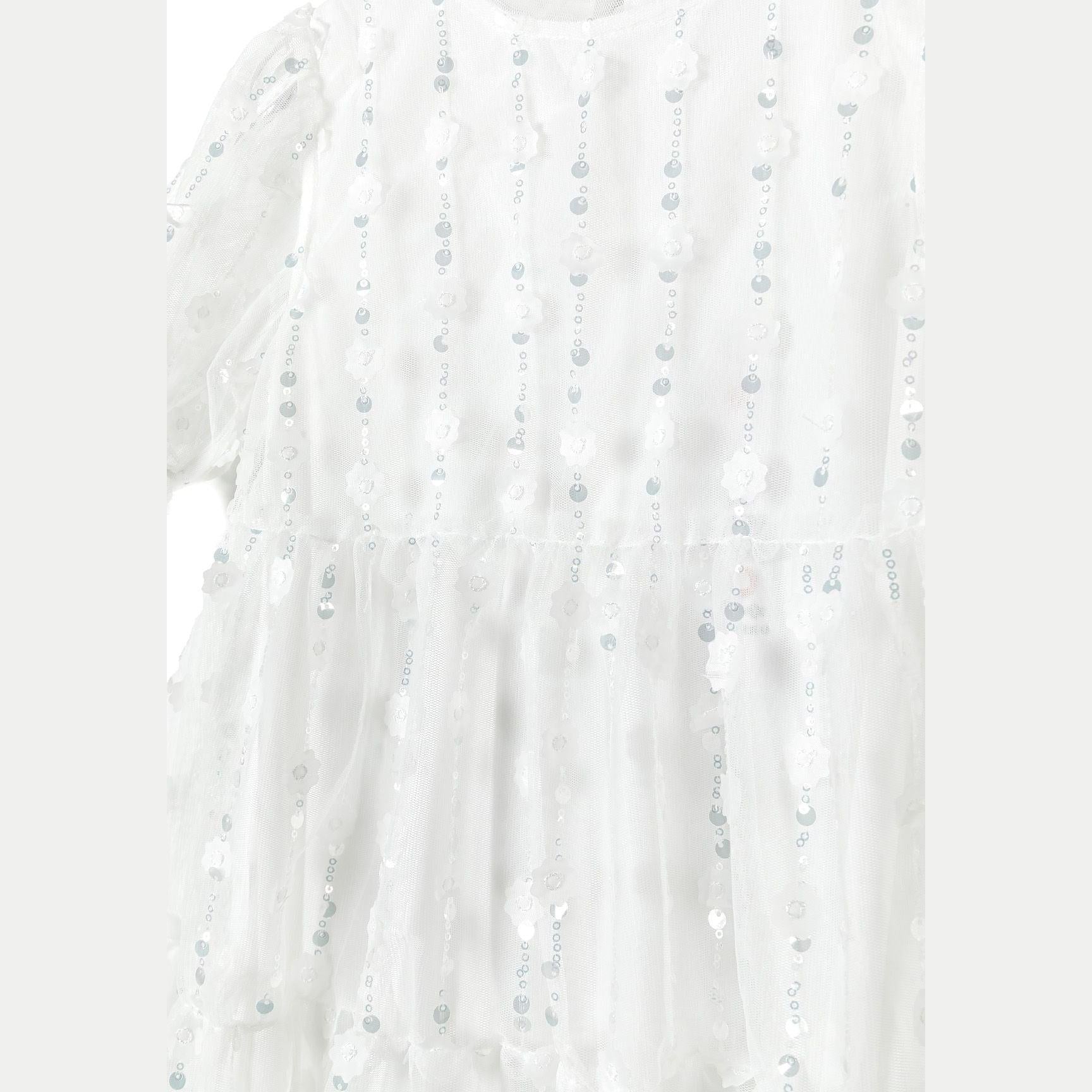 Close-up detail of white tulle fabric with silver sequin flower pattern showing texture and sparkle effect