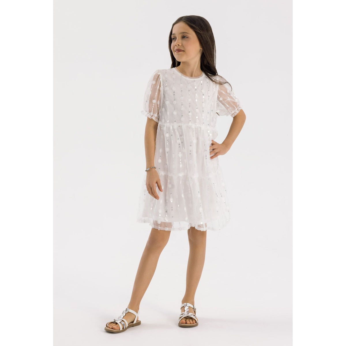 Girls' sequin mesh tiered dress in white — complete product view for square Shop card