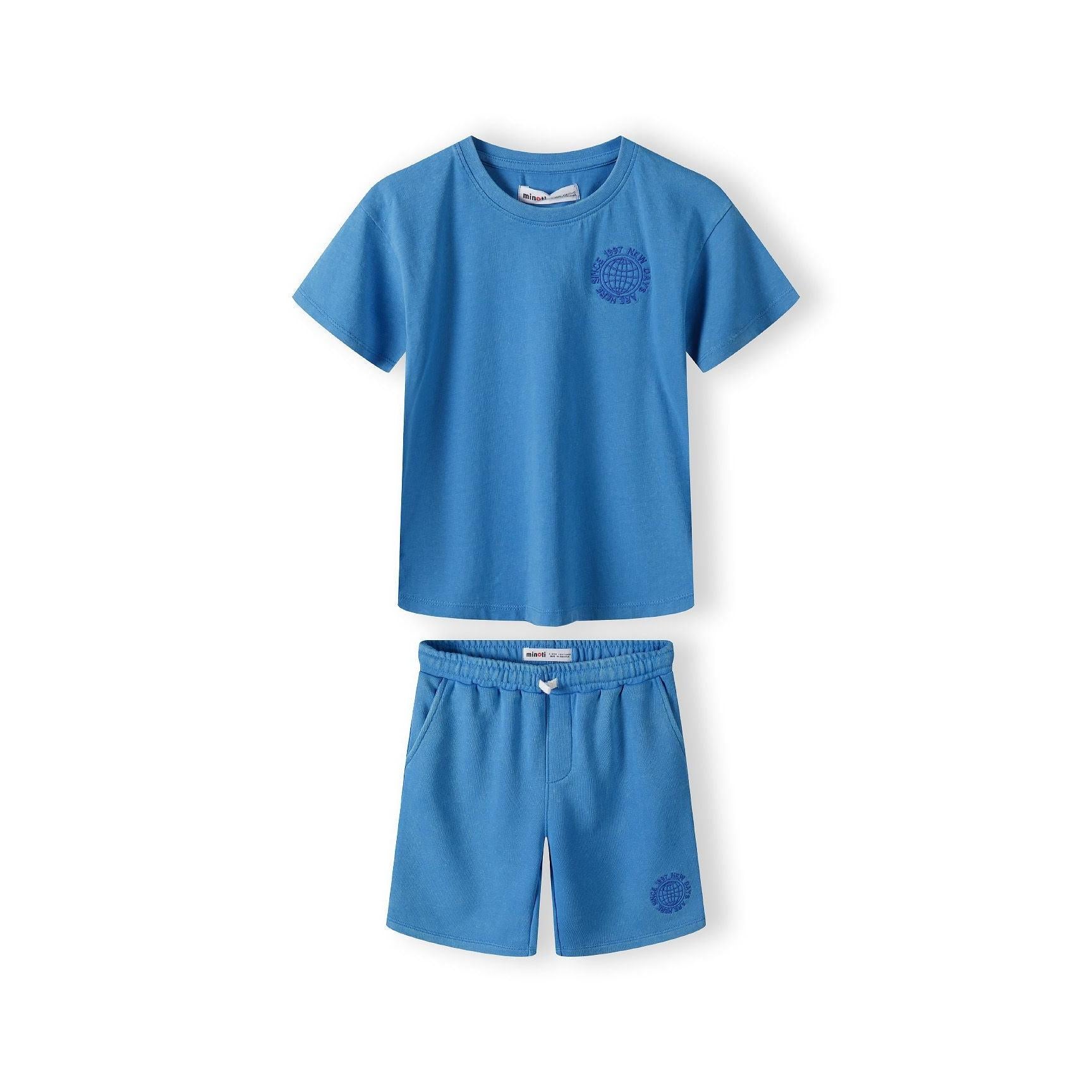 Back view of blue short sleeve t-shirt showing plain design and round neckline on white background