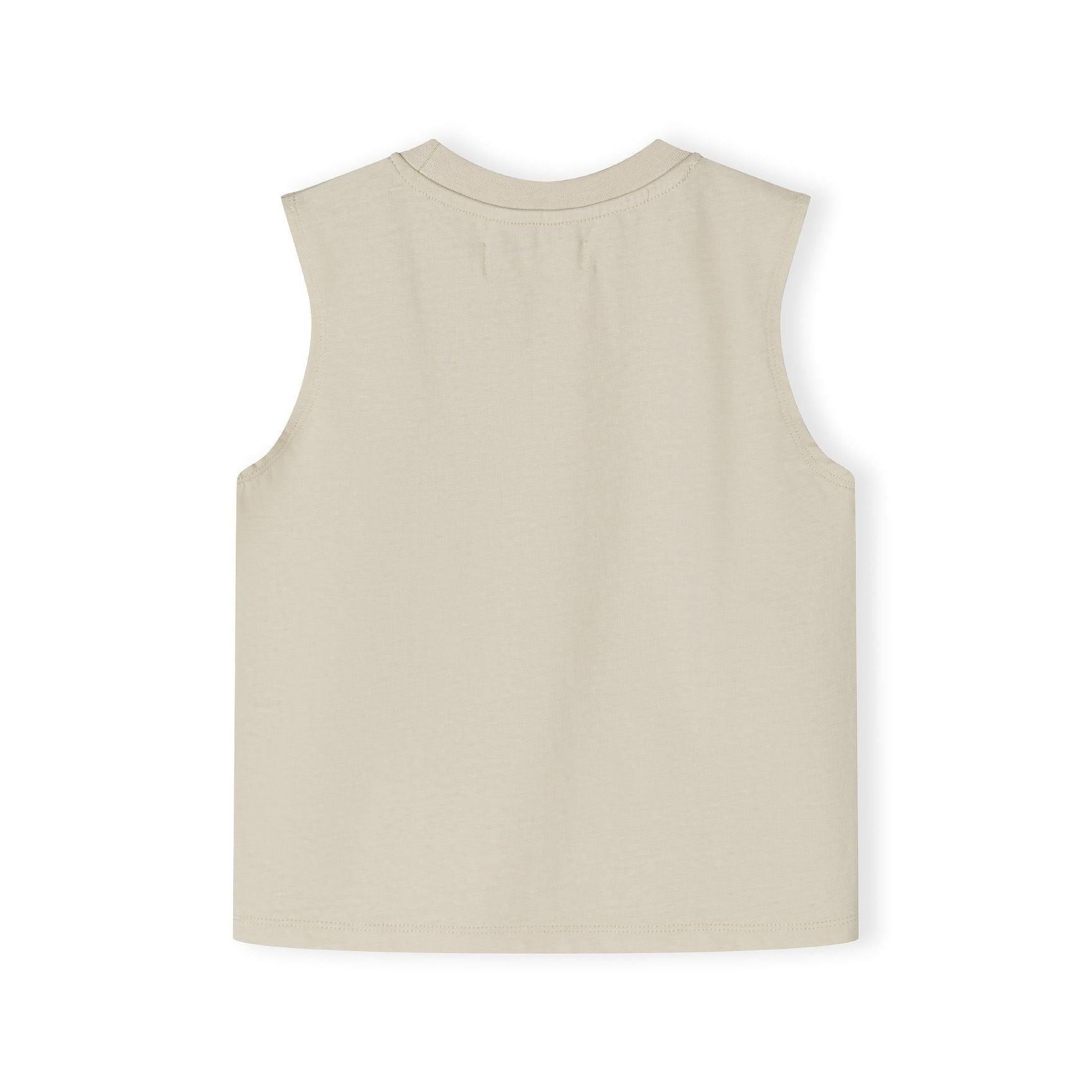 Back view of beige sleeveless jersey vest laid flat showing plain design and round neckline