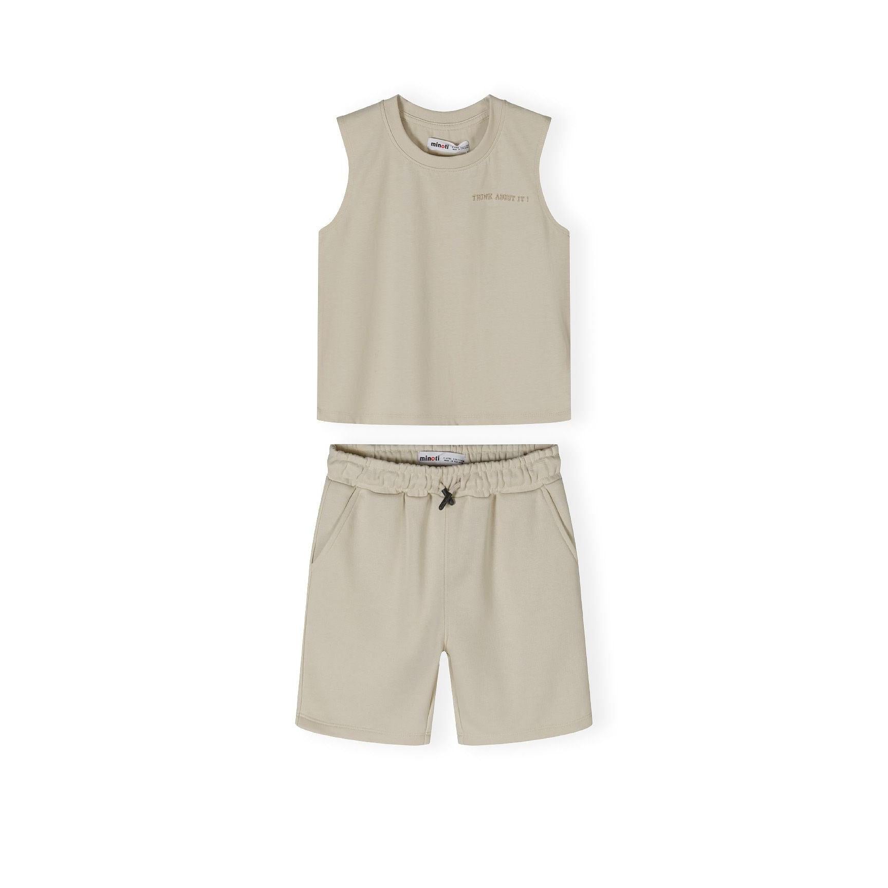 Back view of beige sleeveless jersey vest laid flat showing plain design and round neckline