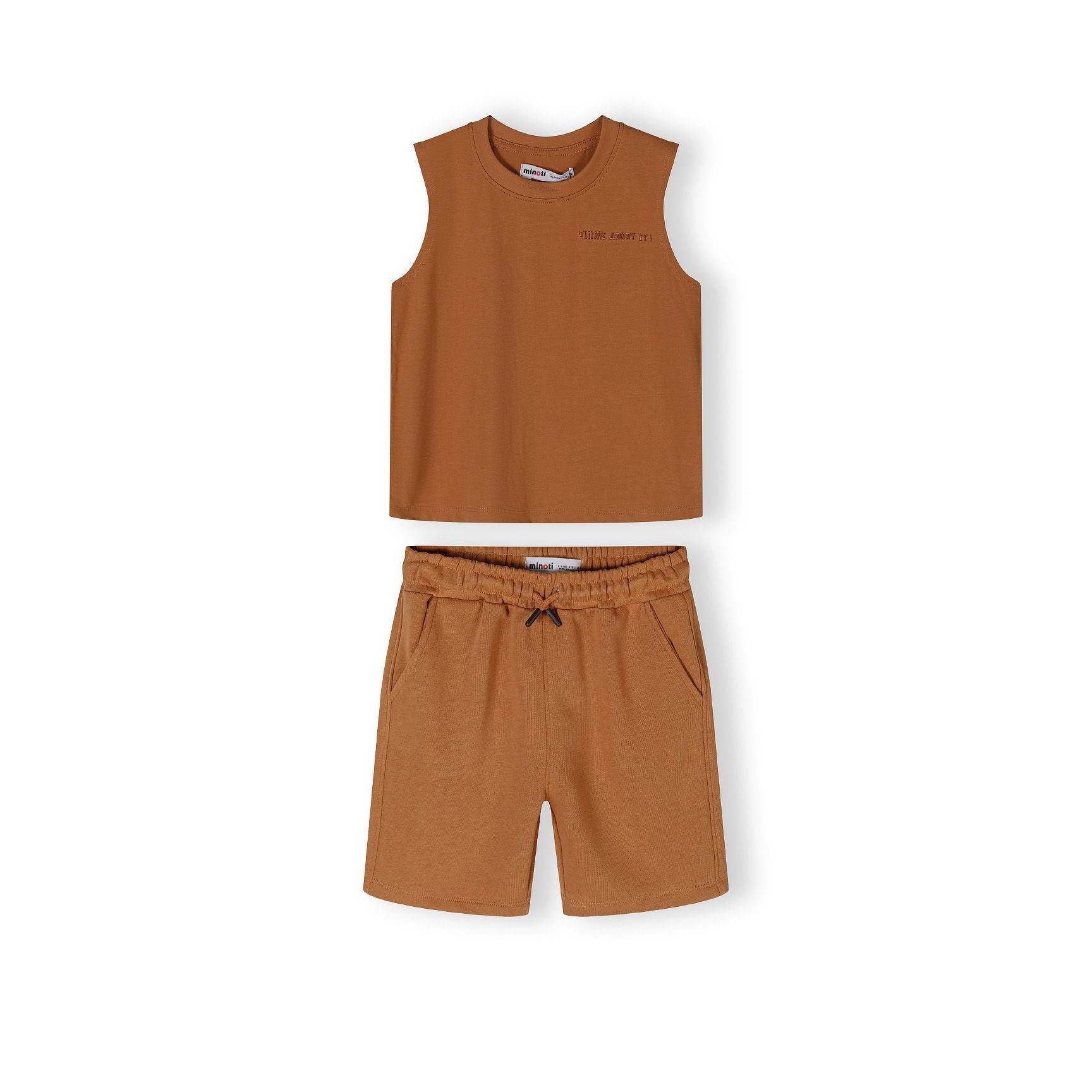 Back view of camel brown sleeveless vest showing plain design and round neckline against white background