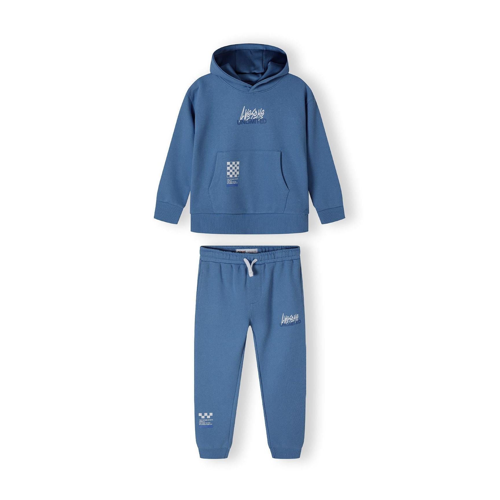 Back view of blue fleece hoodie showing hood and ribbed hem details on white background