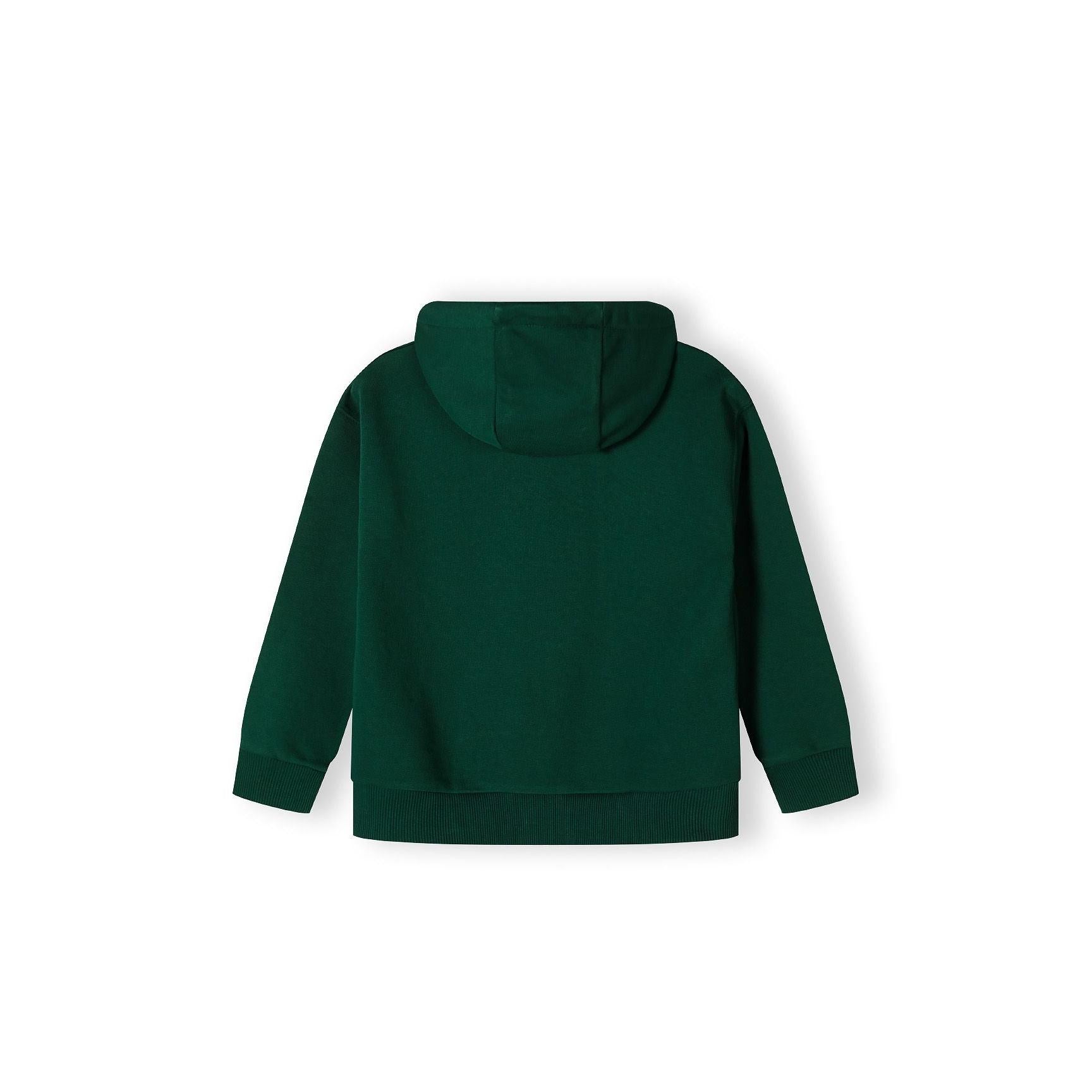 Back view of green fleece hoodie showing hood detail and overall fit on white background