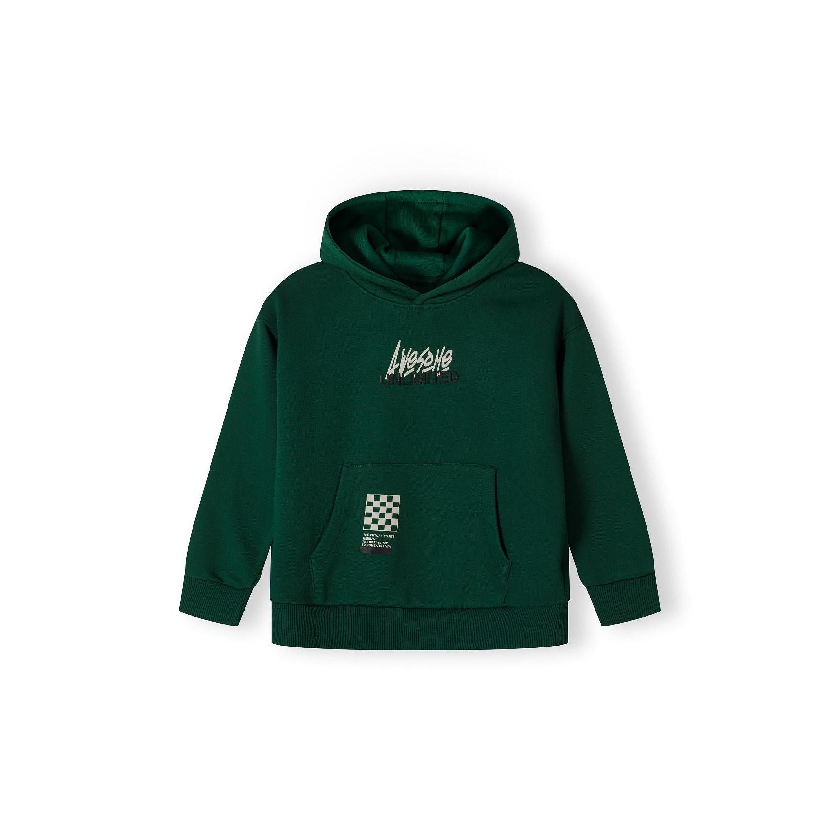 Close-up detail of Awesome Unlimited print in white and black text on green fleece fabric