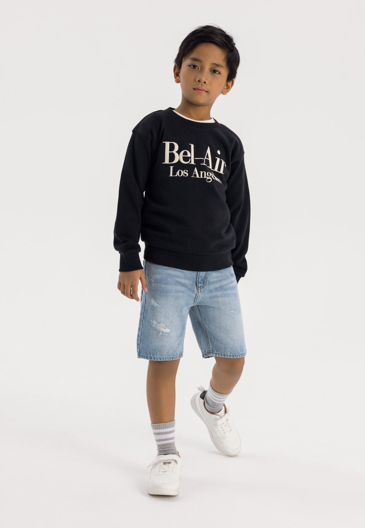 Oversized Crew Neck Sweatshirt, Bel-Air Print, Black - 1