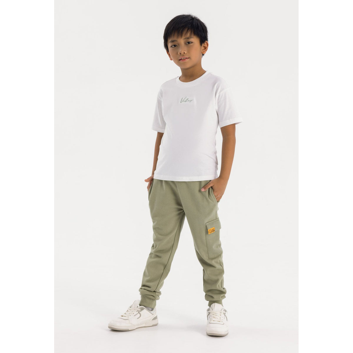 Boys' t-shirt and cargo joggers set in white and sage green — complete product view for square Shop card