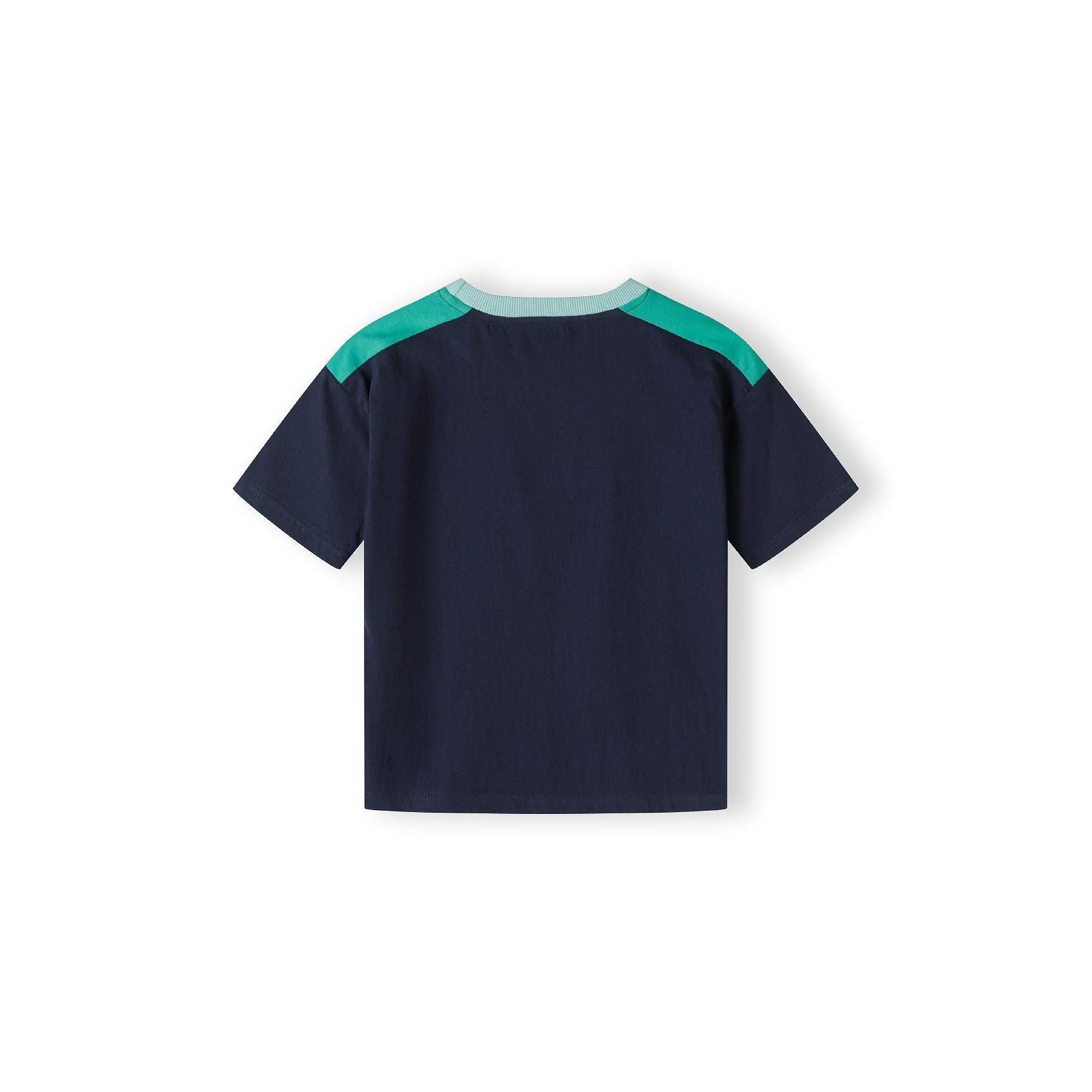 Back view of navy t-shirt showing mint green shoulder panels and contrasting trim details on white background