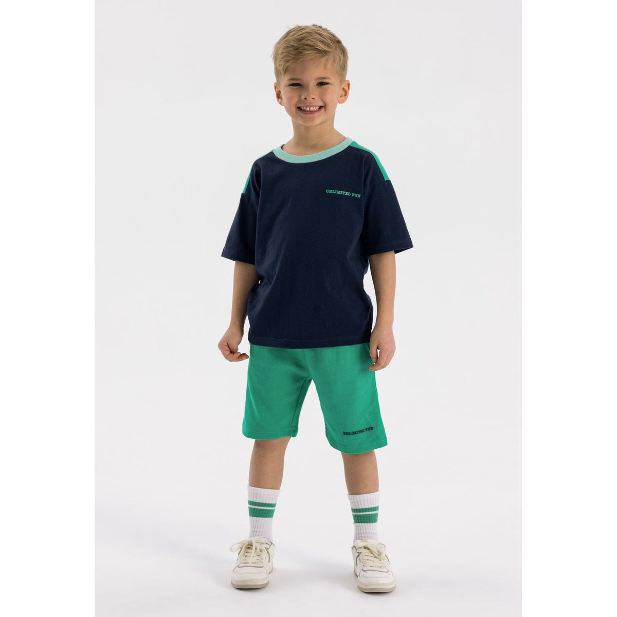 Boys' t-shirt and shorts set in navy and green — complete product view for square Shop card