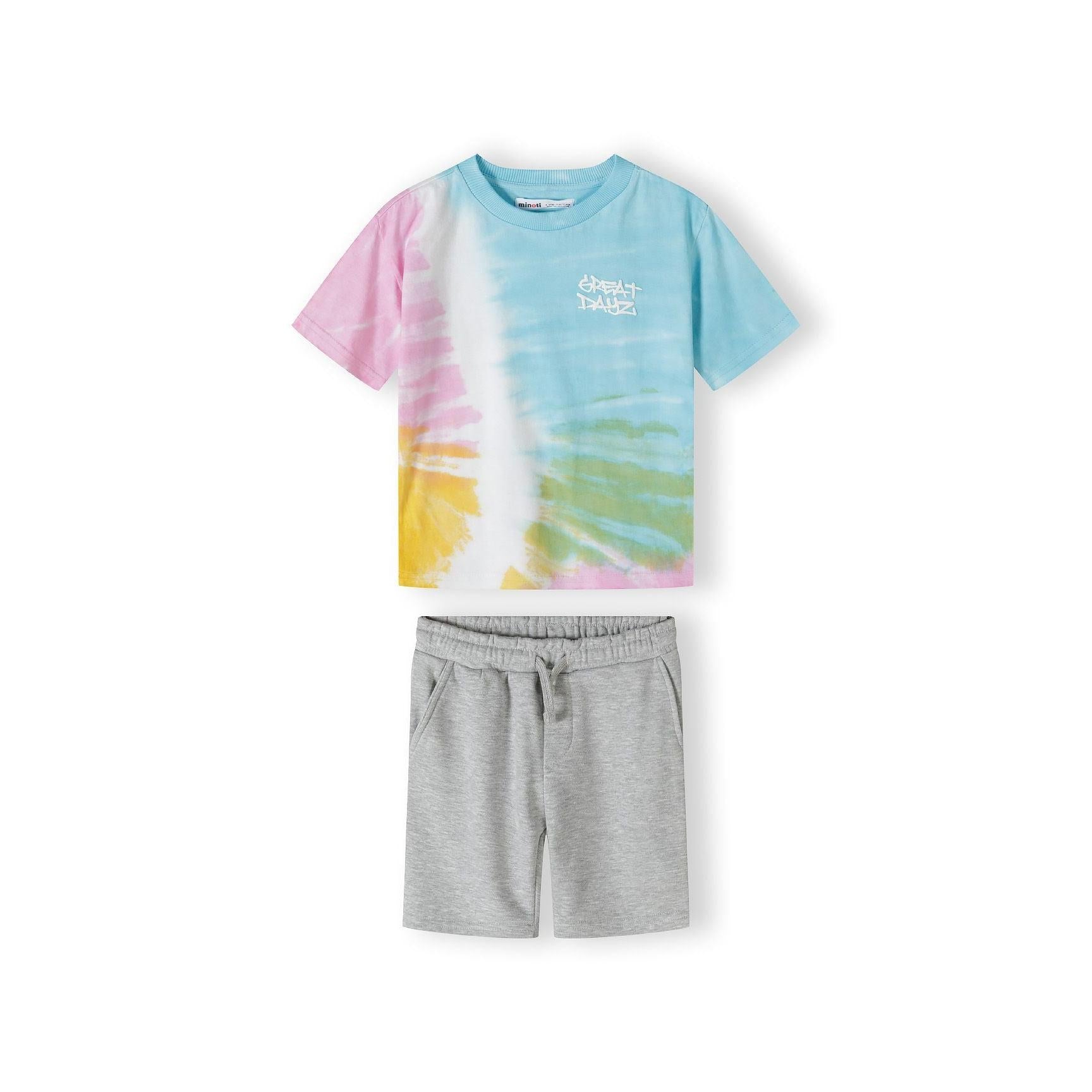 Back view of tie-dye t-shirt showing blue, pink, yellow and green colour blend pattern on white background