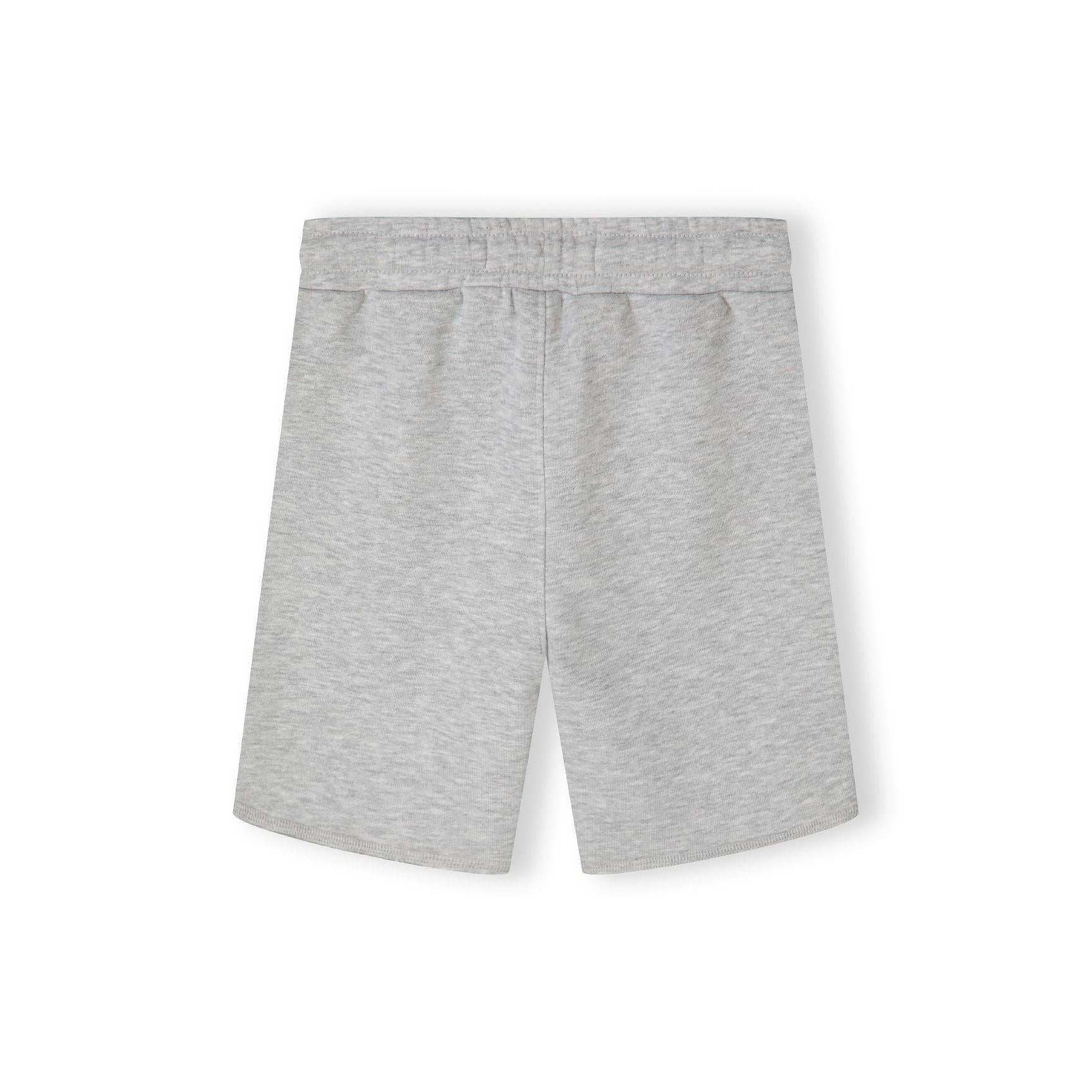 Close-up detail of grey shorts showing Nice One text print on leg and hemmed bottom edge on white background