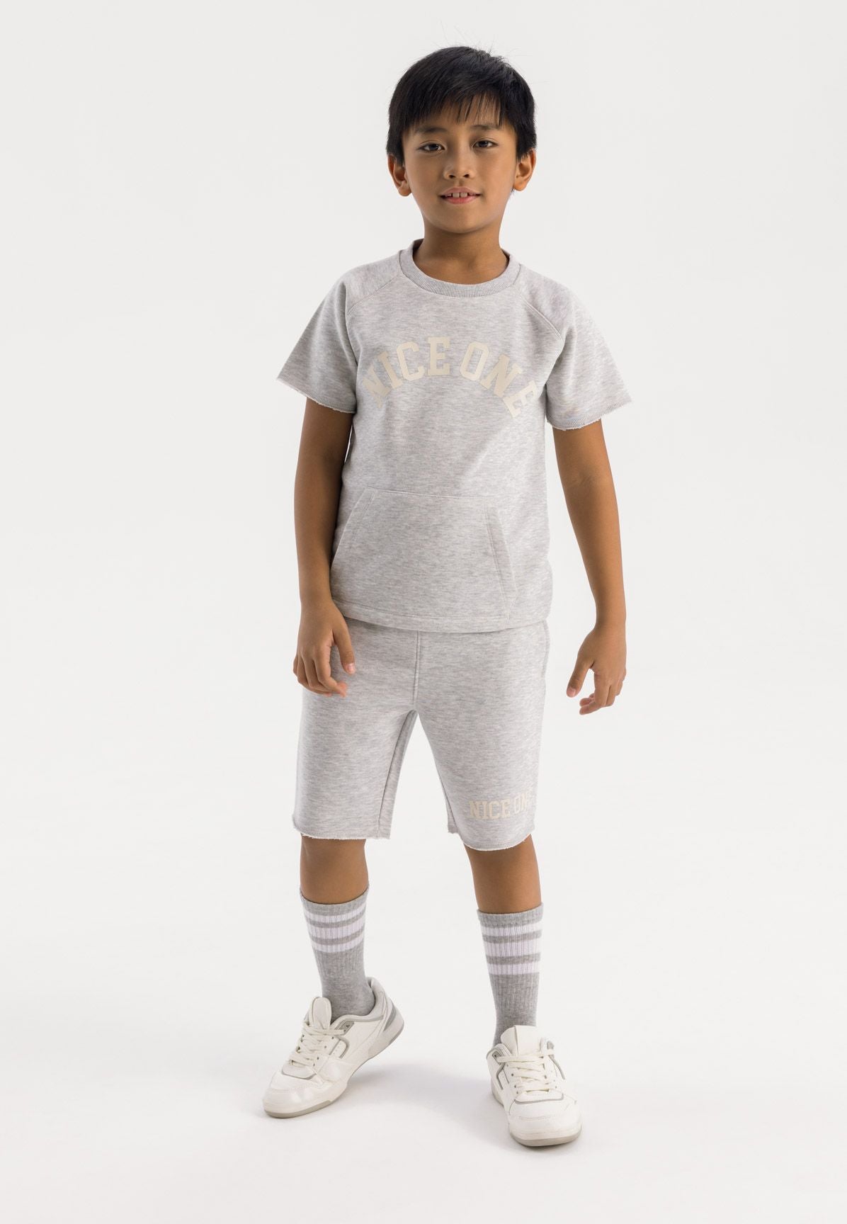 Grey marl t-shirt and shorts set, model front.