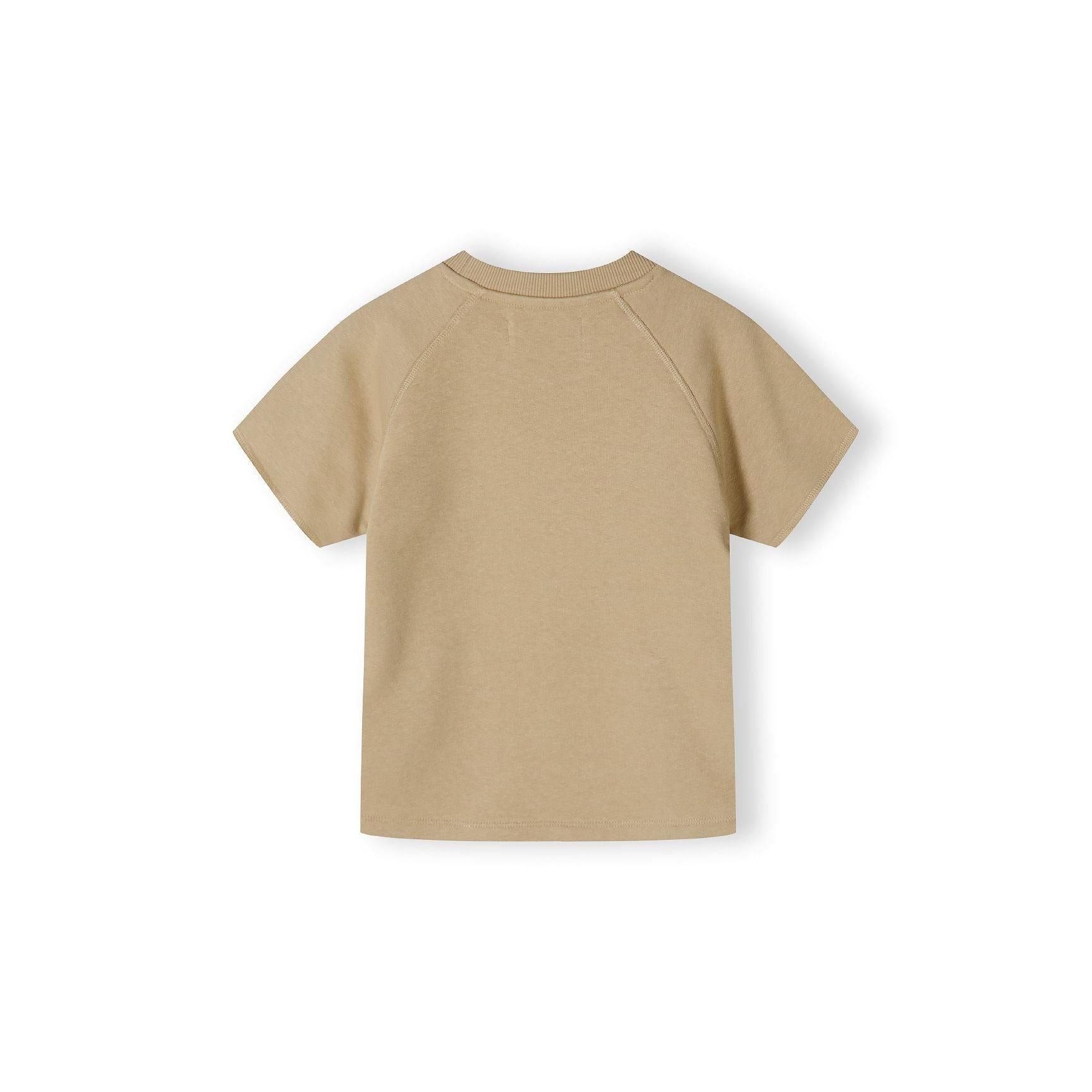 Back view of beige fleece t-shirt with raglan sleeves and ribbed crew neckline laid flat on white background