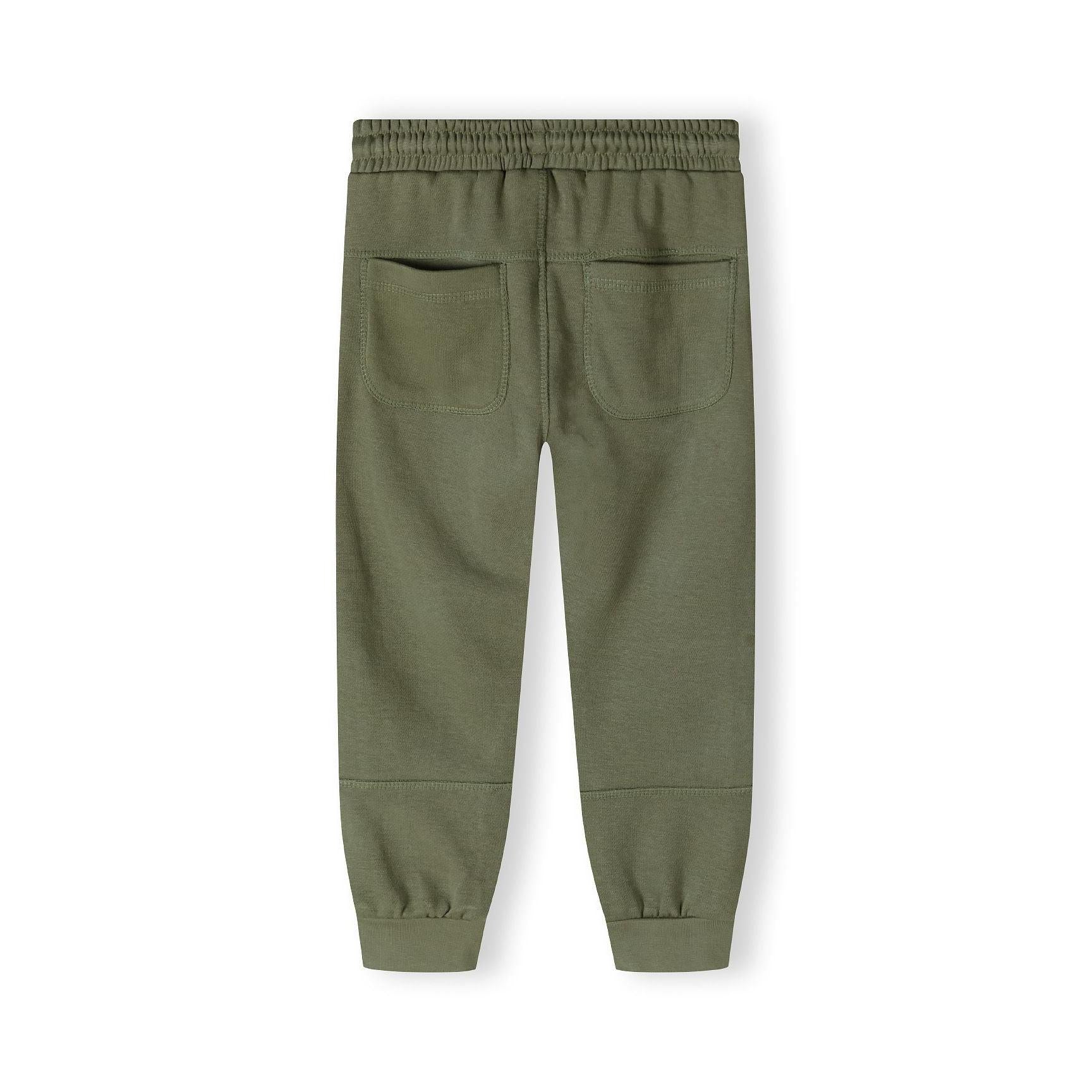 Khaki sweatpants laid flat showing back view with elastic waistband and back pockets, white background
