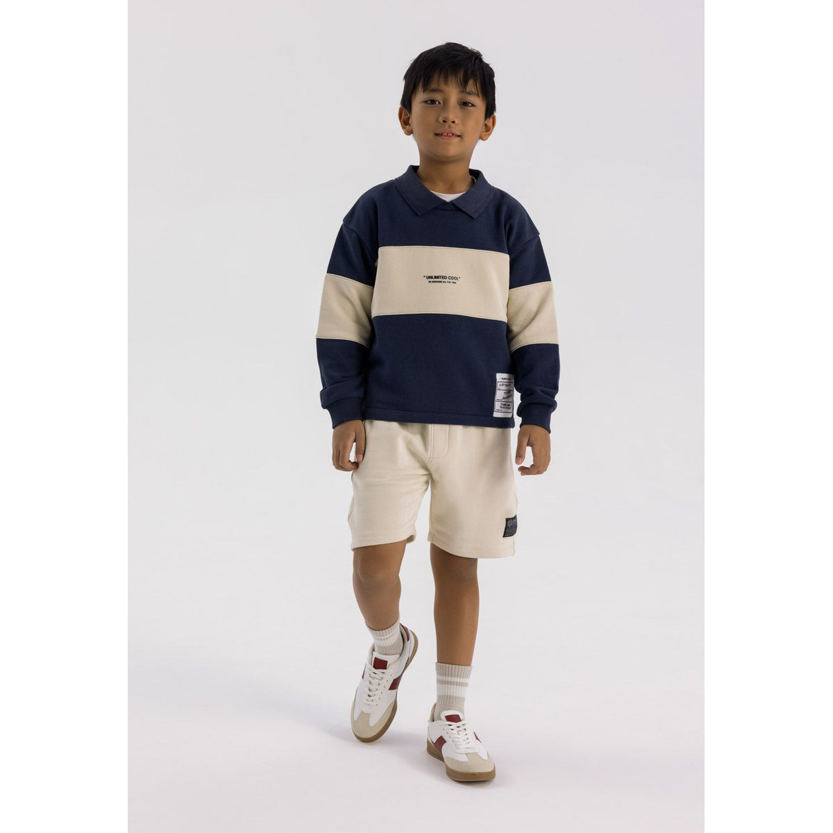 Boys' collared sweatshirt in navy and cream — complete product view for square Shop card